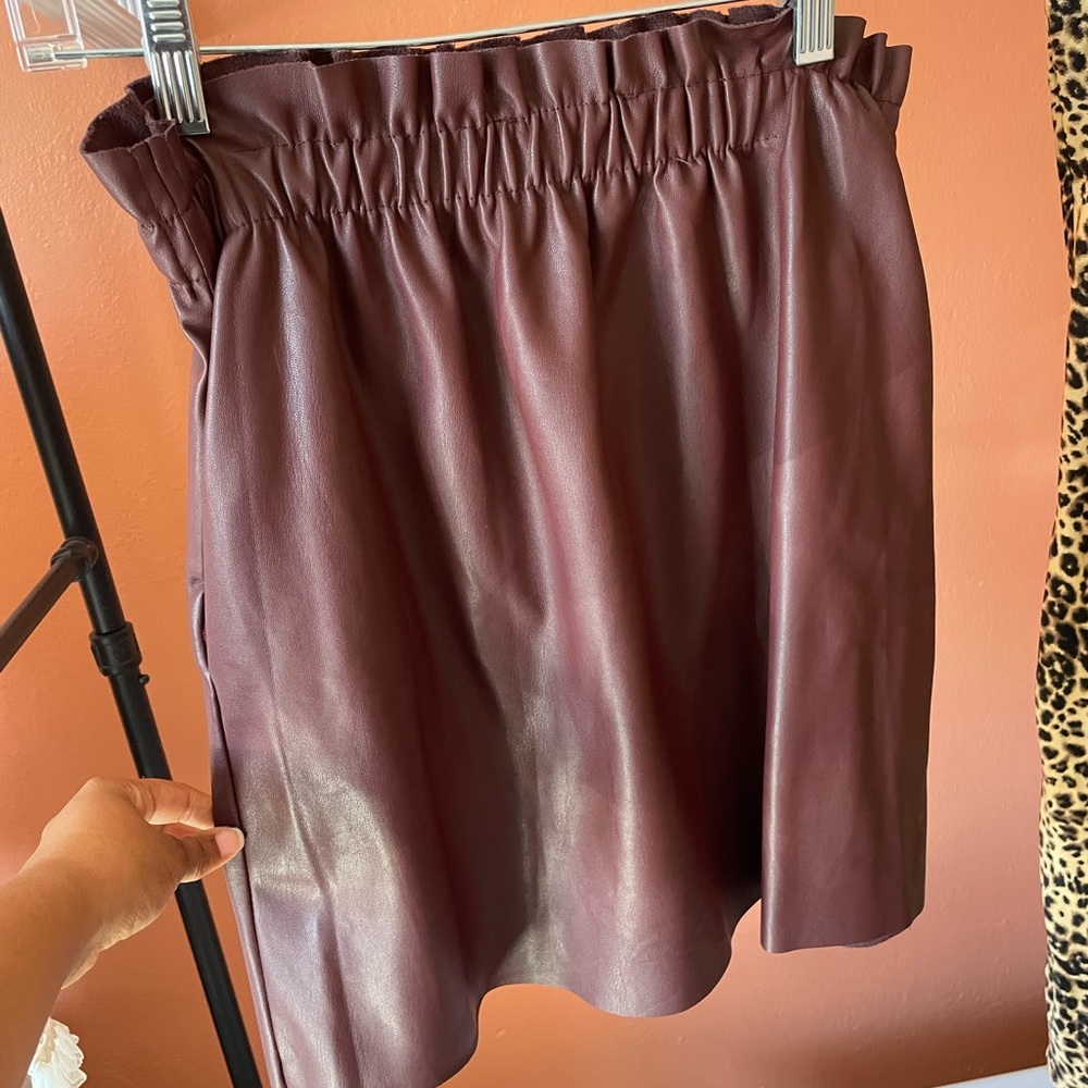 Vegan leather, maroon mini skirt with elastic band